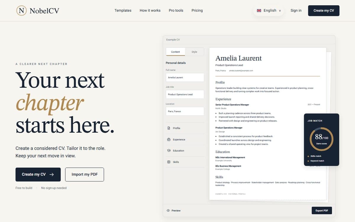 The NobelCV home page: a CV editor beside a live preview